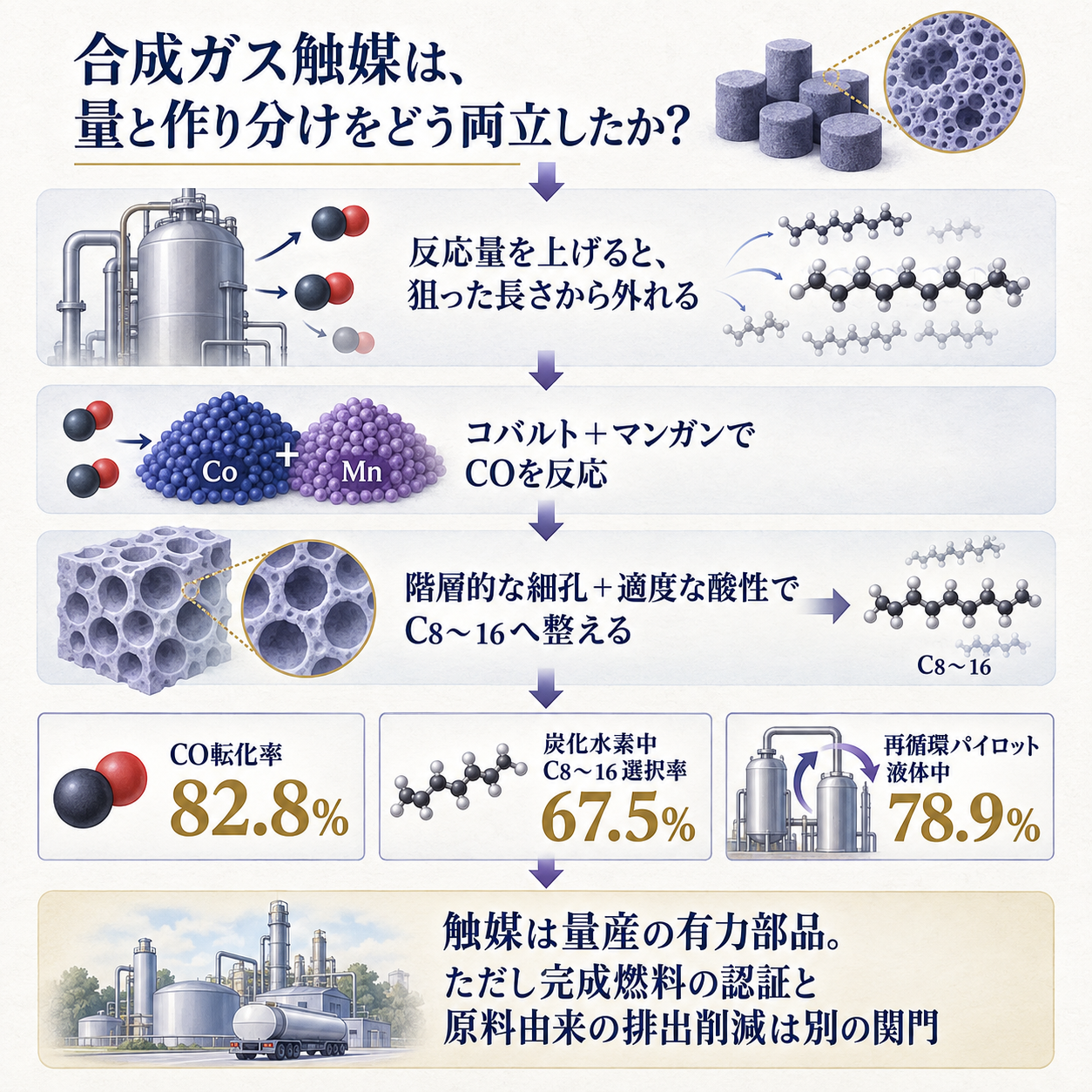 合成ガスから航空燃料に向く成分を作るとき、反応量と作り分けを同時に高めた新触媒の意味を示す概要図。問いは、量を増やすと狙った長さから外れる壁をどう越えたか。コバルトとマンガンの二重活性点で一酸化炭素を反応させ、細孔と適度な酸性を持つゼオライトで炭素鎖を航空燃料域へ整える因果を示す。根拠数値はCO転化率82.8%、C8〜16選択率67.5%、再循環パイロットで液体中78.9%。結論は、触媒は有力な量産部品になったが、完成燃料の認証と原料由来の排出削減は別に確かめる、とする