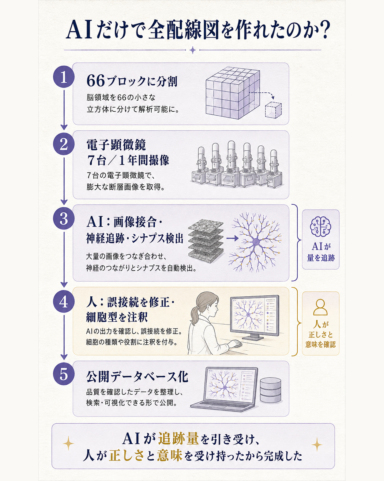 電子顕微鏡画像が検索可能な神経回路データになるまでの分業を示す縦長図。問いは、AIだけで全配線図を作れたのか。左から右または上から下へ、試料を66ブロックに分ける、7台の電子顕微鏡で1年間撮像する、AIが画像をつないで神経とシナプスを三次元化する、人が誤接続を修正して細胞型を注釈する、公開データベースで回路を検索できるようにする、の5工程を示す。一文の答えは、AIが追跡量を引き受け、人が正しさと意味を受け持ったから完成した、とする。ニューロン総数とシナプス総数は概要図の担当なので載せない