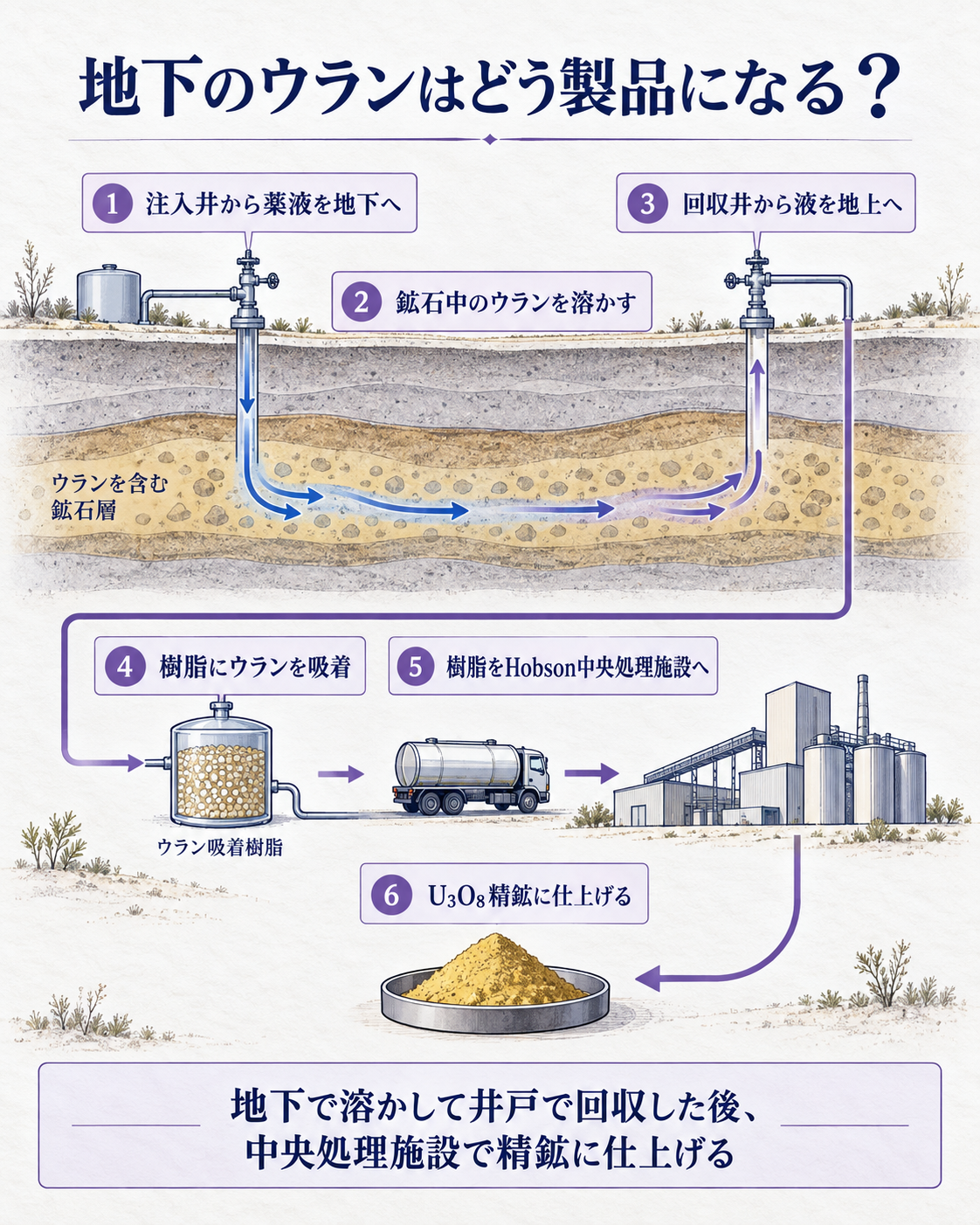 地下で溶かしたウランを井戸と処理施設で製品にする流れ