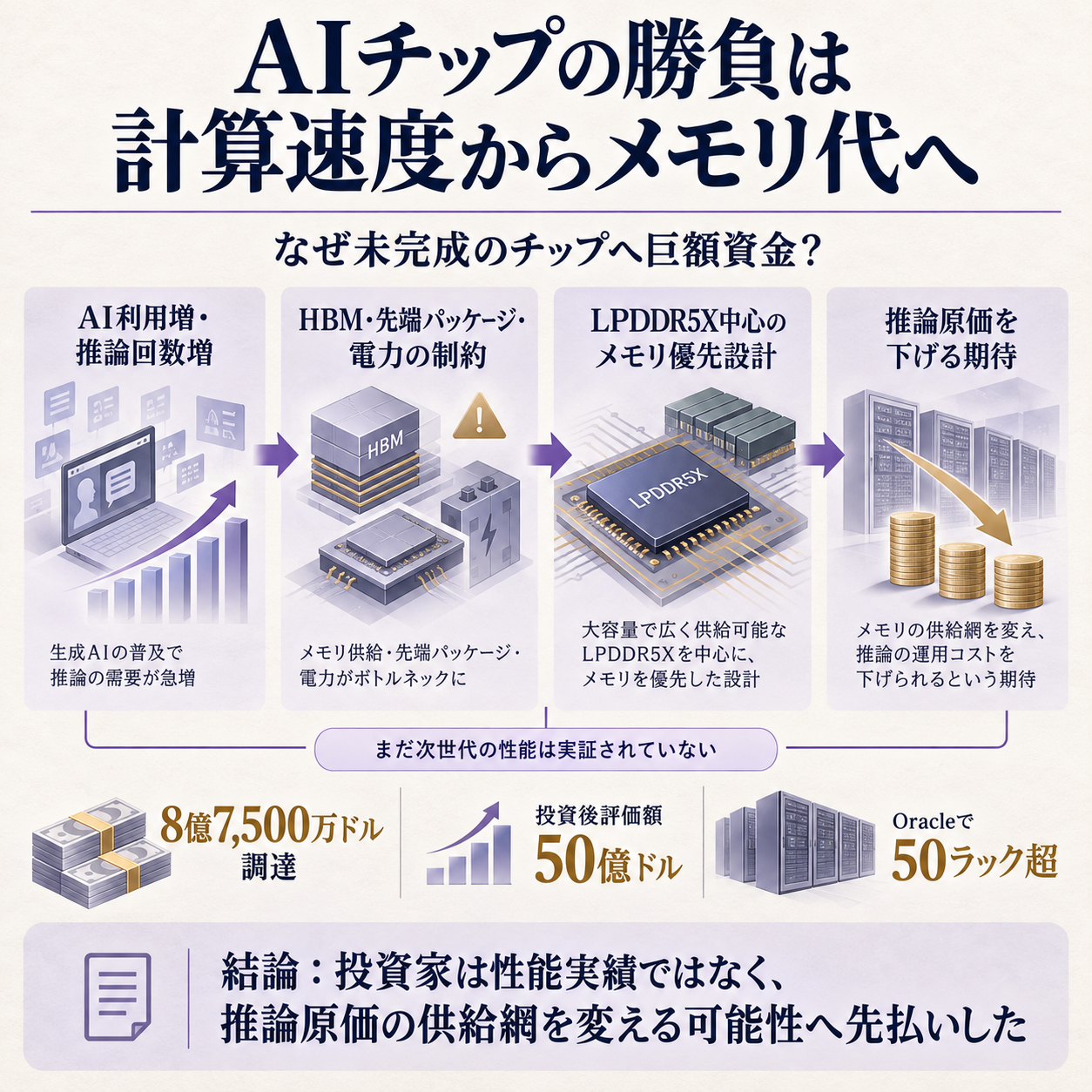 AI推論のボトルネックが演算能力だけでなく、モデルを置くメモリの容量、帯域、電力、供給制約へ移り、Positron AIが汎用LPDDR5Xを中心に設計し直す因果を示す概要図。問いは、なぜ未完成のチップへ巨額資金が集まったのか。AI利用増から推論回数増、HBMと先端パッケージの制約、メモリ優先設計、運用原価低下への期待を一本で結ぶ。根拠数値は8億7500万ドル調達、50億ドル評価、Oracleで50ラック超。結論は、投資家は性能実績ではなく、推論原価の供給網を変える可能性へ先払いした、とする